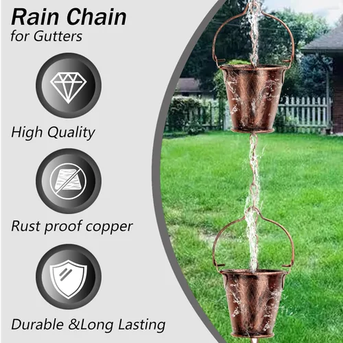 Vista 2 de Cadena de lluvia para exterior con adaptador, cadenas de lluvia de hierro forjado de 9 pies, canalón de cadenas de lluvia con cadena de lluvia Marrón
