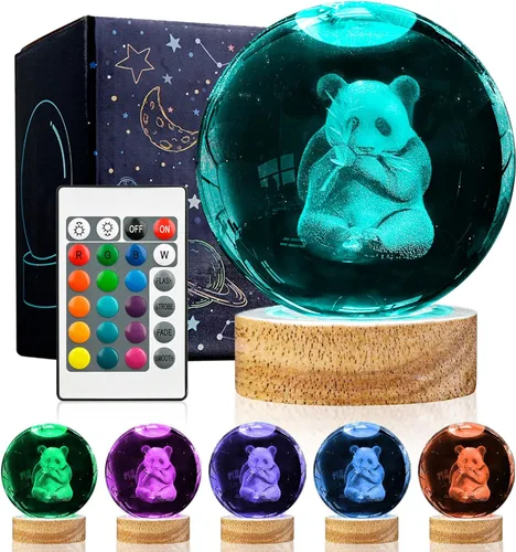 Vista 17 de Luz nocturna de bola de cristal de ajolote 3D con control remoto, lámparas de bola de vidrio de ajolote de 3.15 pulgadas con base de madera LED