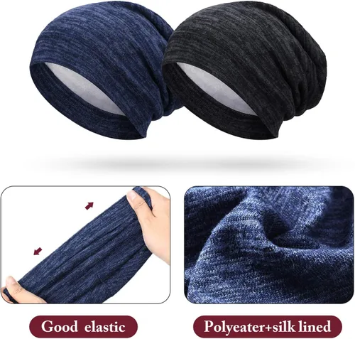 Vista 16 de 4 Pieces Satin Lined Beanie Cap Satin Sleep Lined Hat Slouchy Beanie Hat Night Silk Hair Cap for Women Men