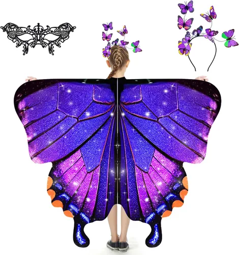 Alas de mariposa para niñas, disfraz de mariposa azul morado, chal de alas de hada, disfraces de Halloween para niños