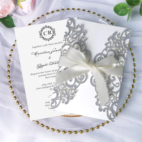 Vista 30 de ponatia 25 tarjetas de invitaciones de boda de 5.12 x 7.1 pulgadas con purpurina plateada cortadas con láser con sobres para tarjetas de invitación