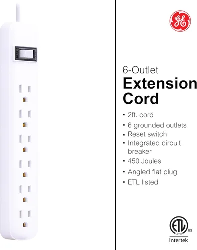 Vista 3 de GE - Protector de sobretensión de 6 tomas, extensión de 2 pies, regleta multicontactos, 450 julios, tapas de seguridad de cierre por torsión, Blanco