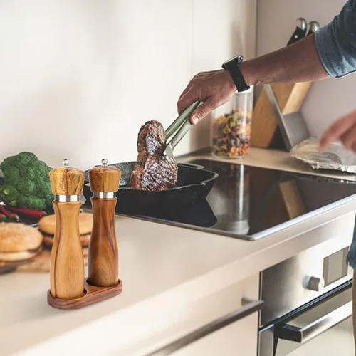 Vista 5 de Bandeja de molino de sal y pimienta, bandeja de madera de acacia, soporte y soporte para molinillo de pimienta (diámetro interior de 2.5 pulgadas)