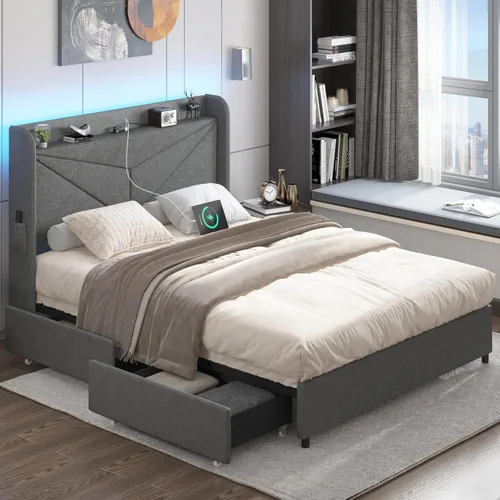 Vista 4 de Base de cama Queen con luces LED y estación de carga, cama de plataforma tapizada con 4 cajones de almacenamiento y cabecera de almacenamiento
