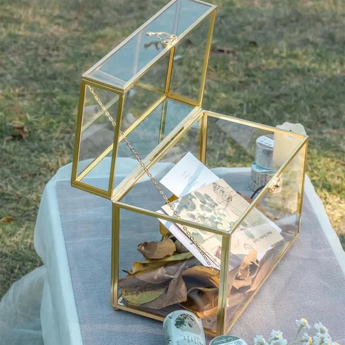 Vista 6 de NCYP Caja de tarjetas de vidrio dorada con tapa para recepción de boda, 9.8 x 5.6 x 7.7 pulgadas, caja de almacenamiento decorativa rectangular