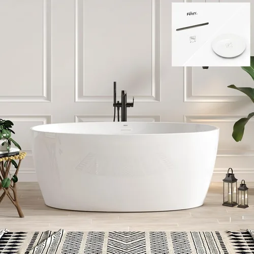 Vista 22 de FerdY Tahití - Bañera de acrílico independiente de 55 pulgadas, elegante bañera de remojo de forma ovalada, blanco brillante, drenaje dorado