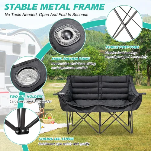 Vista 5 de DoCred Double Camping Chair - Oversized Loveseat, 2 Person Camping Chair for Adults Heavy Duty,Two Person Folding Chair with Cup Holder, Supports up