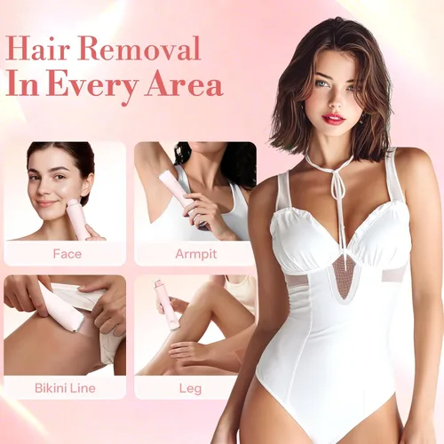 Vista 4 de Recortadora de bikini para mujer, afeitadora eléctrica 2 en 1 para mujer, recortadora de pelo púbico, impermeable, IPX7 con LED, maquinilla de Rosa