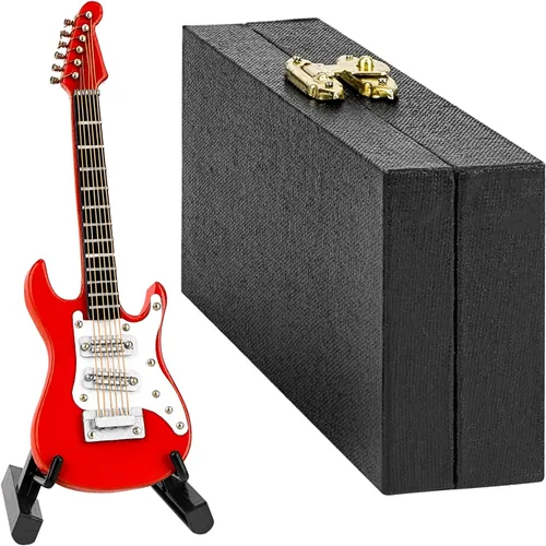 Musiin Guitarra en miniatura con soporte y estuche, guitarra eléctrica de 6 cuerdas de 3.9 in, decoración de estante de escritorio de estudio de