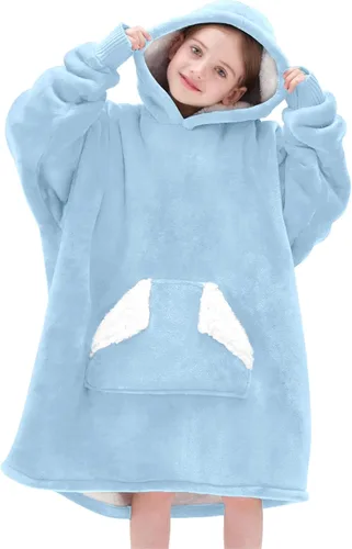 Touchat Manta con capucha, sudadera de sherpa de gran tamaño con bolsillo y mangas para capucha, manta de felpa súper suave y cálida para niños, Azul