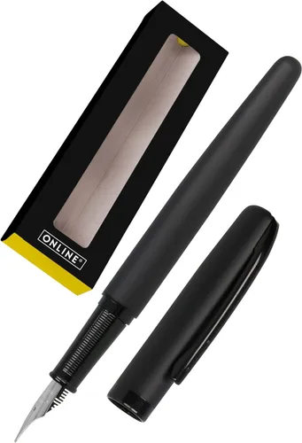 Online Eleganza Fountain Pen, Metal, Pure Black Design, Nib Size M, Metal Clip, Includes Blue Ink Cartridge, Black Fountain Pen for Standard Ink