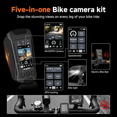 Vista 2 de SVBONY Cámara de bicicleta con pantalla inteligente, cámara de acción 4K60fps con rastreador GPS, velocímetro/odómetro, antivibración, luces