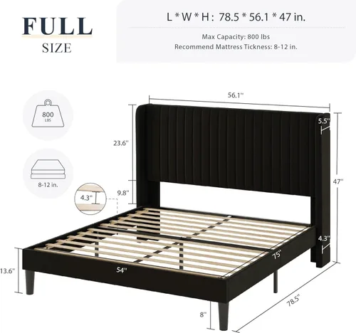 Vista 10 de Allewie Marco de cama de terciopelo tamaño Queen, cabecera capitonada con canal vertical, plataforma tapizada, listones de madera fuertes,