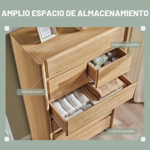Vista 4 de Cómoda moderna con 7 cajones para dormitorio, cómoda grande de 54.7 pulgadas de alto con esquina redondeada, cómoda organizadora de madera sin asas