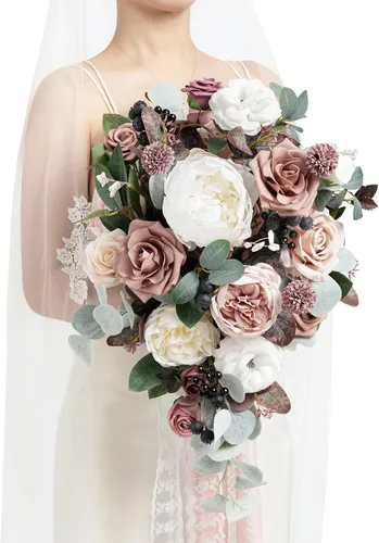 Vista 22 de Ling's moment Ramos de boda negros y burdeos para novia, ramos de novia góticos para novia, ramo de flores artificiales de 13 pulgadas de forma libre