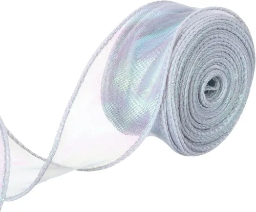 Vista 79 de MECCANIXITY Cinta de Organza Transparente con Alambre Brillante de 2 3/8" de Ancho, Cintas de Gasa Iridiscente Pastel de 3 Yardas Color Beige