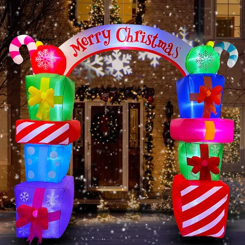 SEASONBLOW - Arco inflable de cajas de regalo de Navidad de 8 pies con caramelos, decoración de "Merry Christmas" con luces LED iluminadas para