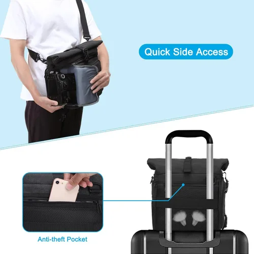 Vista 4 de MOSISO Bolsa cruzada para cámara DSLR/SLR/SLR/sin espejo, funda de lona para cámara con compartimento superior enrollable expandible compatible