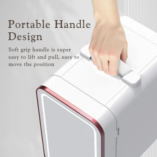 Vista 7 de YLFU Mini refrigerador para dormitorio, refrigerador para el cuidado de la piel de 6L con espejo LED para dormitorio y oficina, refrigerador