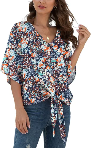 Vista 7 de VIISHOW Womens Tie Front Chiffon Blouses V Neck Batwing Short Sleeve Summer Tops Shirts Albaricoque