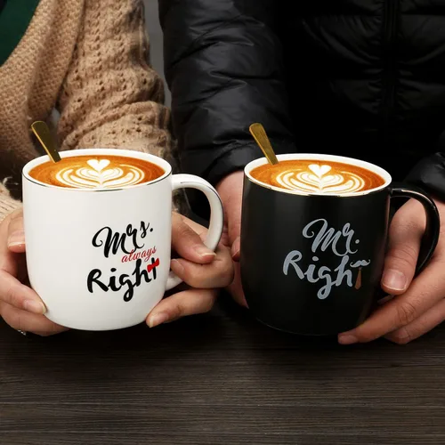 Vista 4 de Tazas de café para parejas Mr Right Mrs Always Right - Tazas de cerámica de mármol para despedida de soltera, boda, aniversario, día de San Valentín