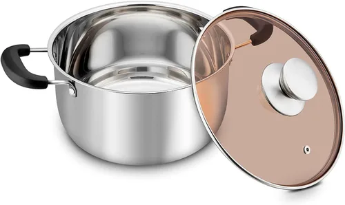 Vista 8 de TeamFar Olla de 3 cuartos de galón, olla de sopa de pasta de acero inoxidable con tapa, tapa de vidrio templado y asas dobles a prueba de calor,