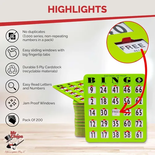 Vista 3 de MR CHIPS Tarjetas de bingo con punta de dedo de impresión grande a prueba de atascos y fáciles de leer con ventanas deslizantes, paquete de 200