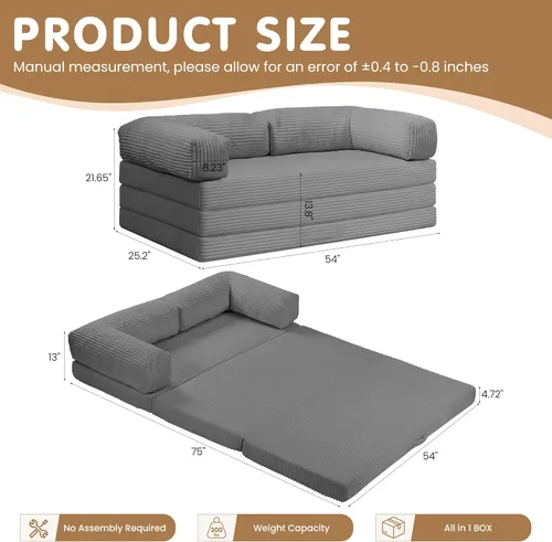 Vista 2 de Convertible Sofa Bed Full,5-in-1 Folding Boneless Couch Corduroy Futon Sofa Bed,Tri-Fold Mattress with Removable Armrests & Handle,Sleeper with Pull