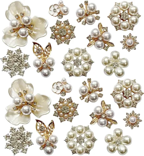 22 piezas de botones de diamantes de imitación de perlas de imitación de diamantes de imitación, broche de perlas de aleación, dijes florales para