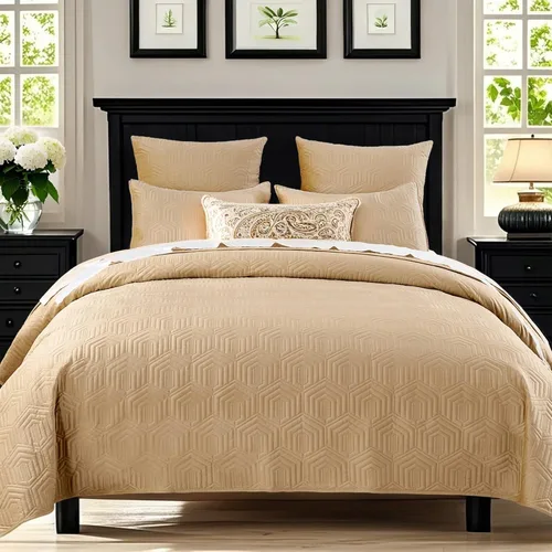 Vista 9 de Querencia Juego de edredón de terciopelo de lujo tamaño Queen, edredón beige tostado, edredón geométrico acolchado, colcha bordada, ropa de cama