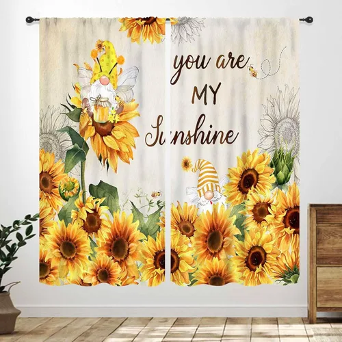Vista 17 de Cortinas rústicas de cocina de girasol, tablón de madera de campo de campo amarillo, floral, abeja, libélula mariposa, retro, casa rural, Girasol-11
