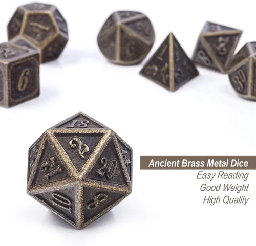 Vista 5 de DNDND - Dados de diseño antiguo, 7 dados de metal de latón con caja de metal para juegos de mesa como Dungeons and Dragons