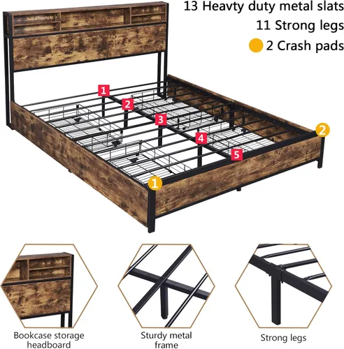 Vista 6 de Alohappy Base de cama de tamaño matrimonial con cabecera de estantería y 4 cajones de almacenamiento marco de cama de plataforma de metal