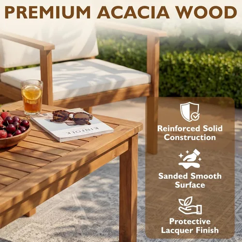 Vista 4 de Devoko Muebles de patio, 4 piezas, madera de acacia, juego de sofá de conversación al aire libre con mesa y cojines, sillas de porche para jardín