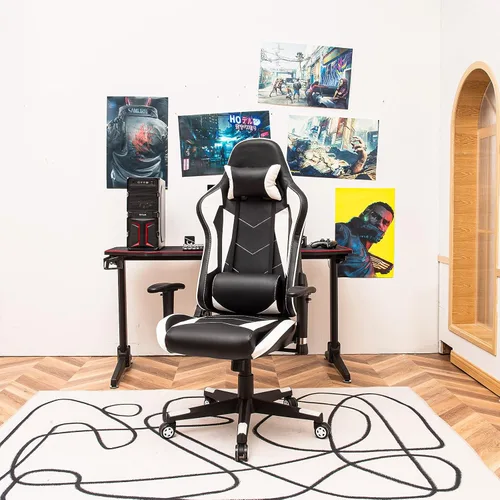 Vista 2 de Giantex Silla ergonómica para videojuegos, silla de computadora con reposacabezas y soporte lumbar, silla giratoria ajustable para deportes