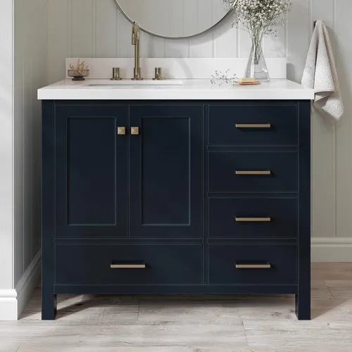 Vista 61 de ARIEL Cambridge - Mueble de baño de 42 pulgadas con fregadero, madera maciza, encimera y protector contra salpicaduras de cuarzo blanco puro de 1.5