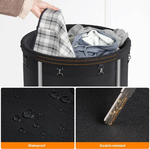 Vista 9 de ELYKEN Cesta de lavandería con ruedas, cesta de ropa rodante de 110L, carrito de lavandería redondo con estructura de acero y bolsa removible, 4