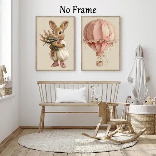 Vista 2 de Lienzo de globo aerostático para pared, diseño de conejito estético rosa, acuarela, cuarto de bebé, arte de pared de gato, conejo con flores