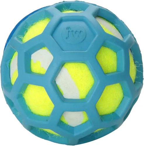 Vista 3 de JW Pet Proten Hol-ee 42204 - Rompecabezas masticable para perros, pequeño, pelota de tenis verde lima con varios colores (verde, rojo, azul)