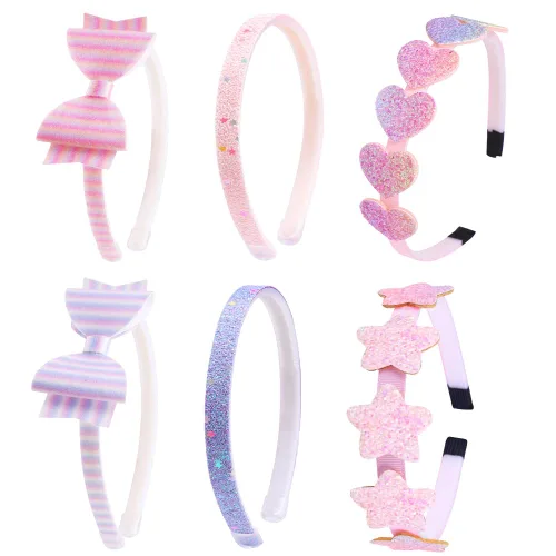 Vista 21 de paquete de 8 diademas para niñas con purpurina, accesorios para el cabello para niños con forma de arco/corazón/estrella, diadema dulce