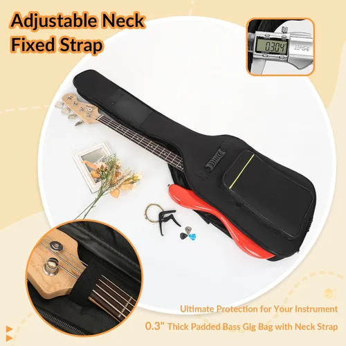 Vista 3 de Funda para Bajo Eléctrico con Acolchado de 7mm, Impermeable, Bolsa para Bajo Eléctrico con Correa para el Cuello y Bolsillos, Negra