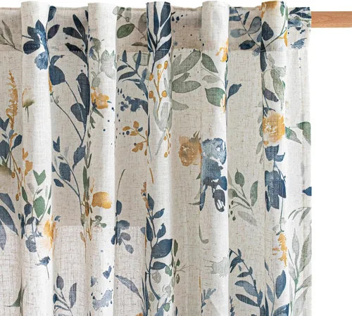 Vista 25 de MYSKY HOME Cortinas de cocina florales de lino de 36 pulgadas de largo, juego de 2 paneles sobre el fregadero, cortinas de media ventana