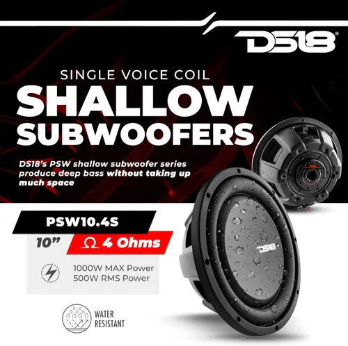 Vista 2 de DS18 PSW10.4S Subwoofer de montaje poco profundo de 10 pulgadas, 1000 vatios, potencia máxima, 500 vatios, bobina de voz única RMS 4 OHMS resistente