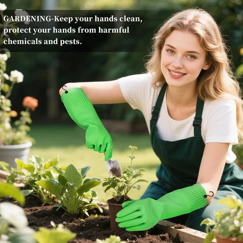 Vista 4 de Rubber Cleaning Gloves with Hooks – 3 Pairs Reusable Dishwashing, Kitchen & Household Gloves, 15-Inch Long, Non-Slip