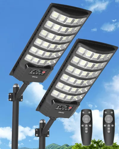 Ofuray - Luces solares de inundación para exteriores, 5 AH de alta potencia, luces de estacionamiento de seguridad solar del atardecer al amanecer