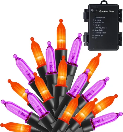 Vista 10 de WATERGLIDE - Paquete de 50 x 2 luces LED de Halloween para uso al aire libre de 16 pies, tira de luces con 8 modos, luces impermeables para árbol