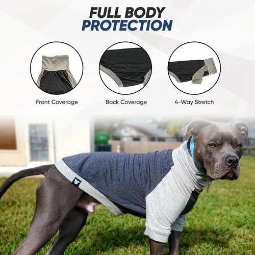 Vista 3 de Tooth & Honey Camisa para perros medianos – Algodón transpirable y elastano sin botones con cobertura completa debajo del vientre – Gris
