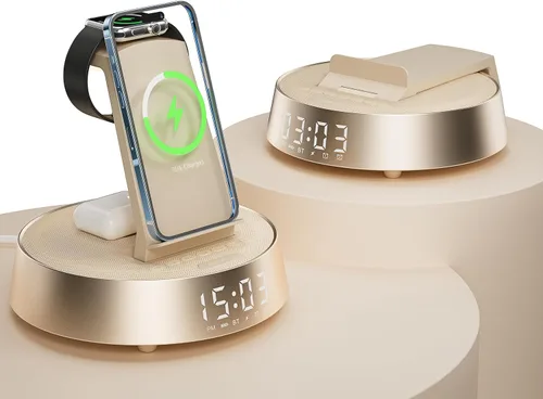 Alarm Clock with Wireless Charging Station, Clock for Bedroom with Night Light Bluetooth Speaker, Wireless Charger Dock Station for iPhone 17 16 15
