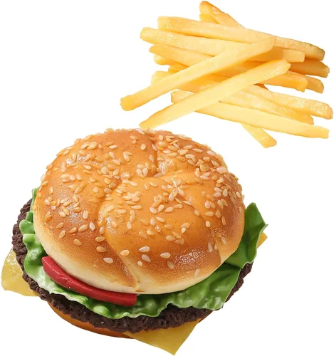 Joeabor - Hamburguesa artificial y 12 papas fritas artificiales, comida falsa realista para exhibición, hamburguesa falsa para decoración 1