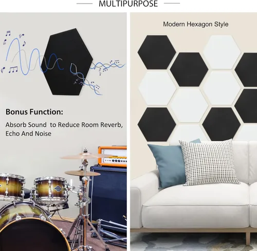 Vista 4 de BXI Tablón de anuncios de fieltro hexagonal, 14.2 x 12.3 x 3/8 pulgadas, 6 piezas autoadhesivas de corcho para póster, 30 pasadores, azulejos
